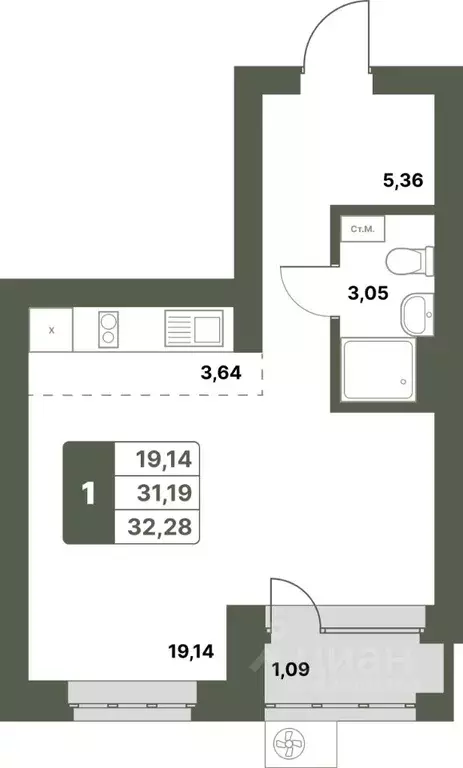 1-к кв. Башкортостан, Уфимский район, с. Миловка  (32.28 м) - Фото 1