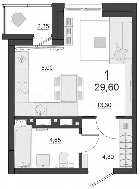 Квартира-студия, 29,6 м, 9/17 эт. - Фото 1