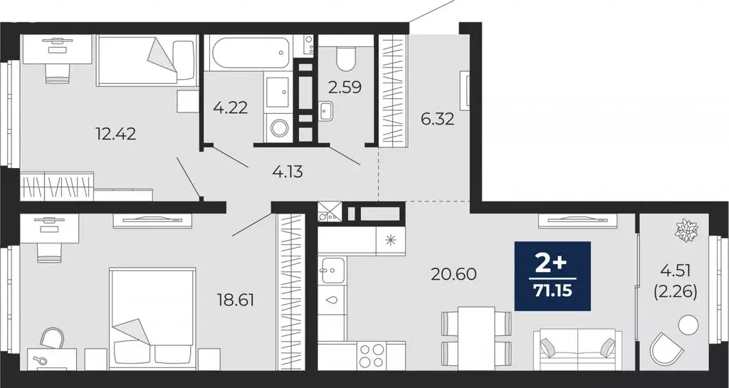 2-комнатная квартира: Тюмень, Камчатская улица, 107к1 (71.15 м) - Фото 1