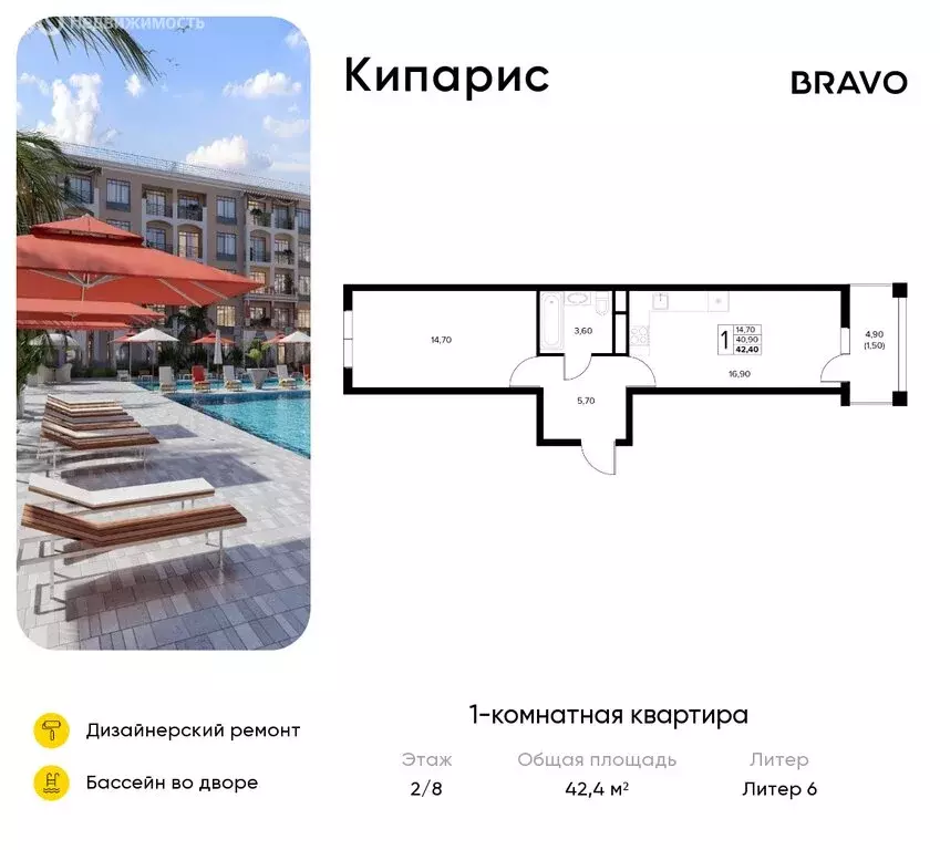 1-комнатная квартира: Сукко, жилой комплекс Кипарис (42.4 м) - Фото 0