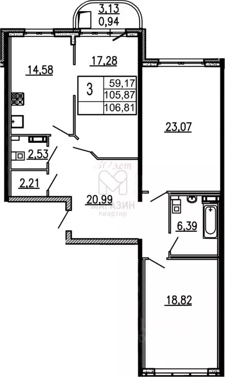 3-к кв. Московская область, Королев ул. Калинина, 11 (106.81 м) - Фото 1