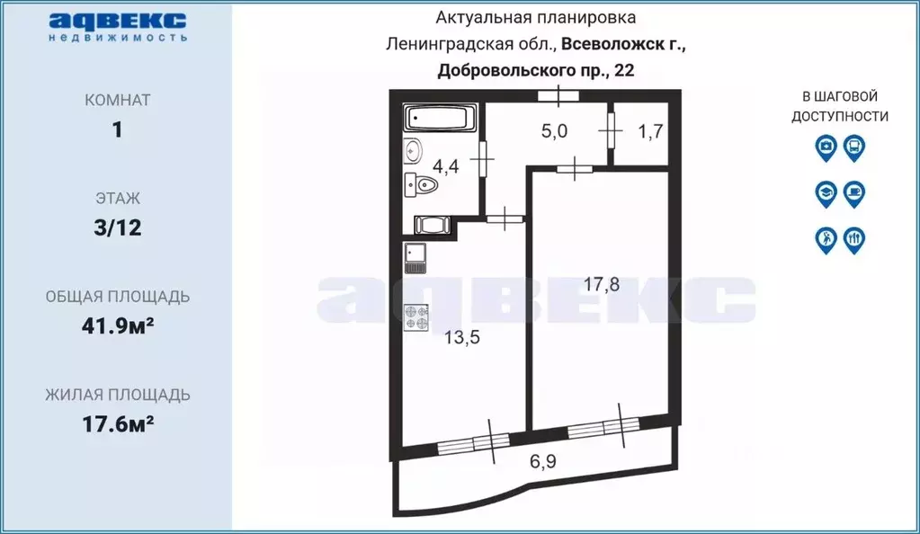 1-к кв. Ленинградская область, Всеволожск Южный мкр, просп. ... - Фото 2