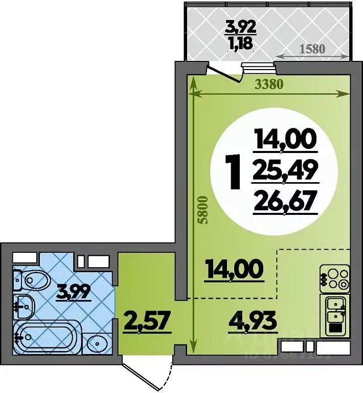 Студия Адыгея, Майкоп ул. Владимира Жоги, 4 (26.67 м) - Фото 1
