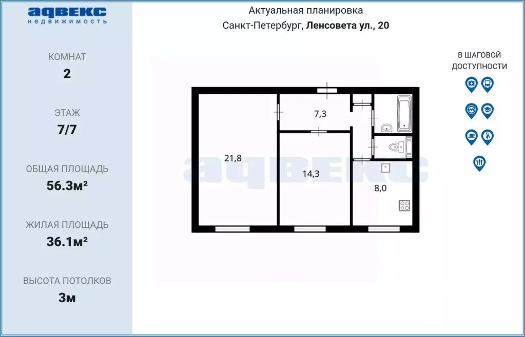 2-к кв. Санкт-Петербург ул. Ленсовета, 20 (56.3 м) - Фото 1