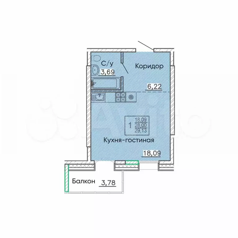 Квартира-студия, 29,1 м, 6/9 эт. - Фото 0