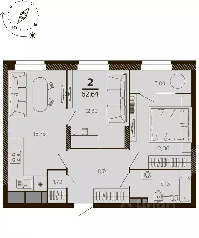 2-к кв. Рязанская область, Рязань ул. Есенина (62.64 м) - Фото 0