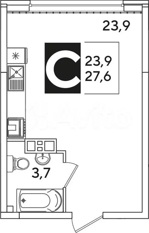 Квартира-студия, 27,6м, 4/16эт. - Фото 0