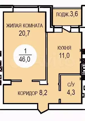 1-к. квартира, 46 м, 4/4 эт. - Фото 0