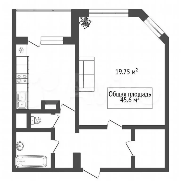 2-к. квартира, 45,6 м, 1/9 эт. - Фото 0