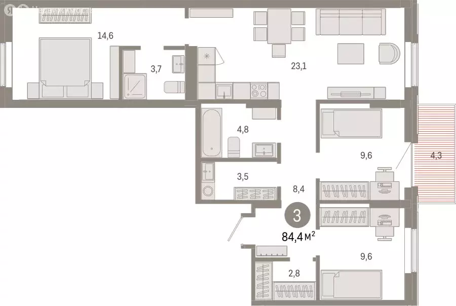 3-комнатная квартира: Омск, Кировский округ (84.37 м) - Фото 1