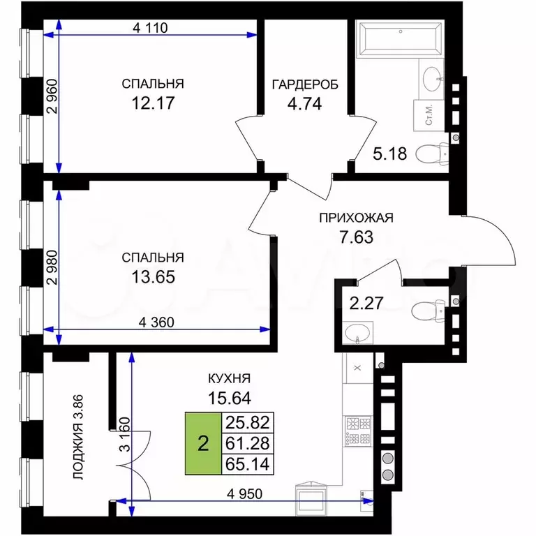 2-к. квартира, 65,1 м, 2/7 эт. - Фото 1