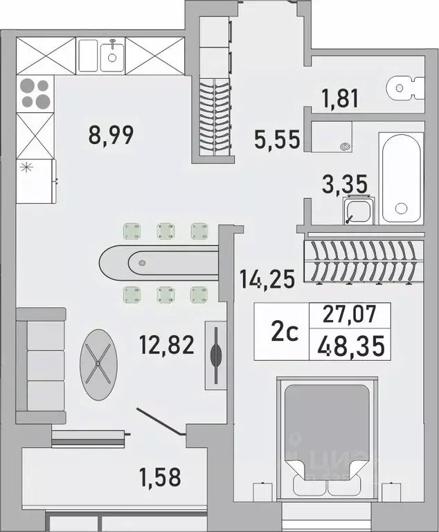 2-к кв. Башкортостан, Уфа Бакалинская ул., 9/1 (48.35 м) - Фото 1