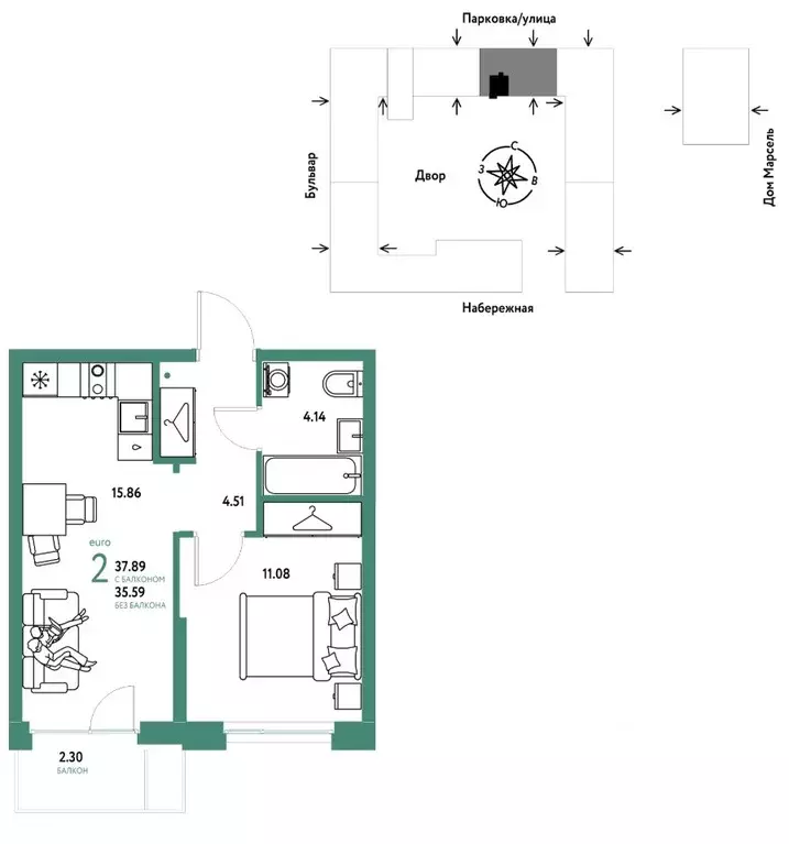 2-к кв. Тюменская область, Тюмень Береговая ул., 100к2 (37.89 м) - Фото 1