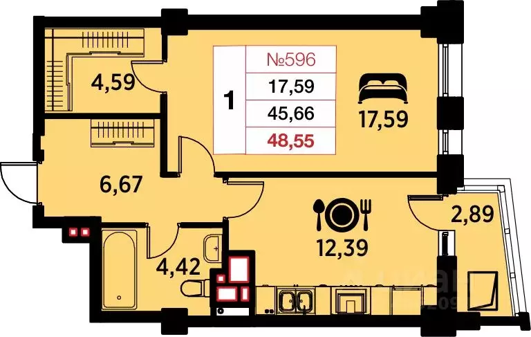 1-к кв. Калининградская область, Калининград ул. Гайдара, 94 (48.55 м) - Фото 0