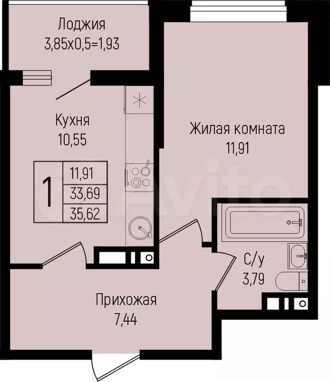 1-к. квартира, 35,6 м, 7/15 эт. - Фото 0