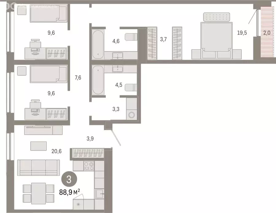 3-комнатная квартира: Новосибирск, Большевистская улица, с49 (88.94 м) - Фото 1