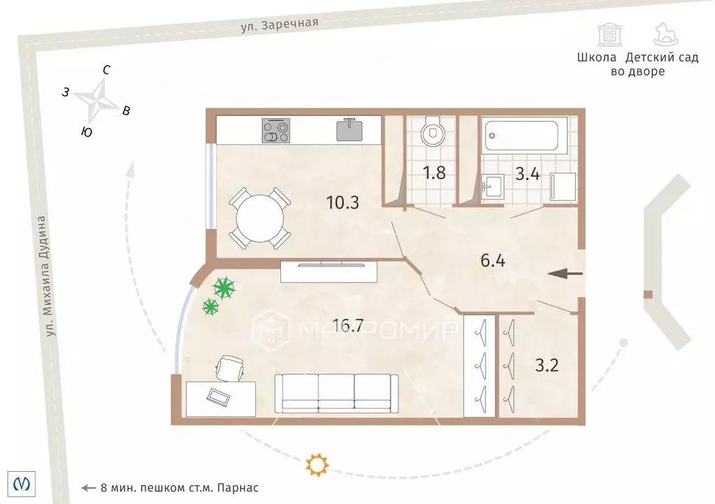 1-к кв. Санкт-Петербург пос. Парголово, ул. Михаила Дудина, 25к1 (41.8 ... - Фото 2