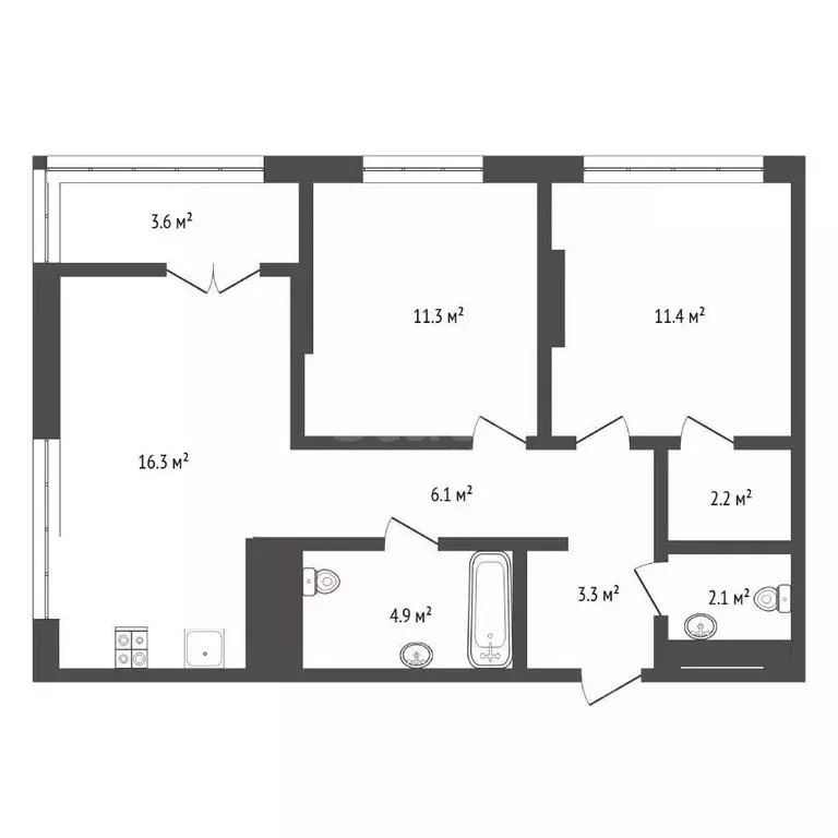 2-к кв. Тюменская область, Тюмень ул. 50 лет Октября, 57Бк2 (58.0 м) - Фото 1