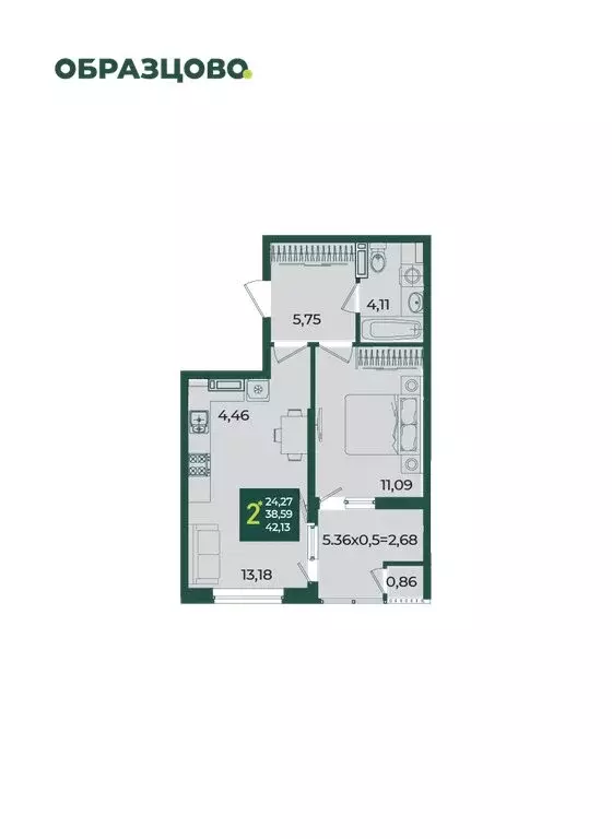 2-комнатная квартира: Краснодар, улица Адмирала Макарова, 5к3 (42.13 ... - Фото 1