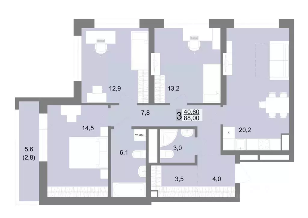 3-к кв. Свердловская область, Екатеринбург ул. Семена Лагоды, 80 (88.0 ... - Фото 1