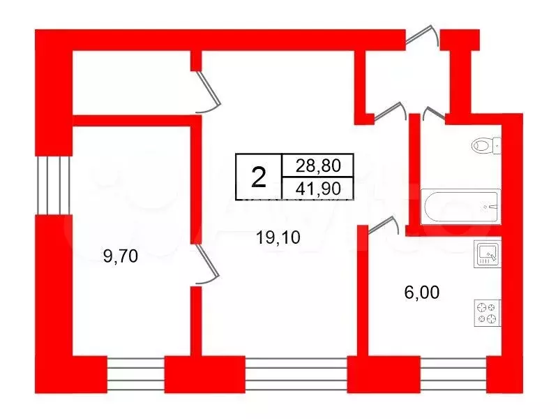 2-к. квартира, 41,9 м, 4/4 эт. - Фото 0