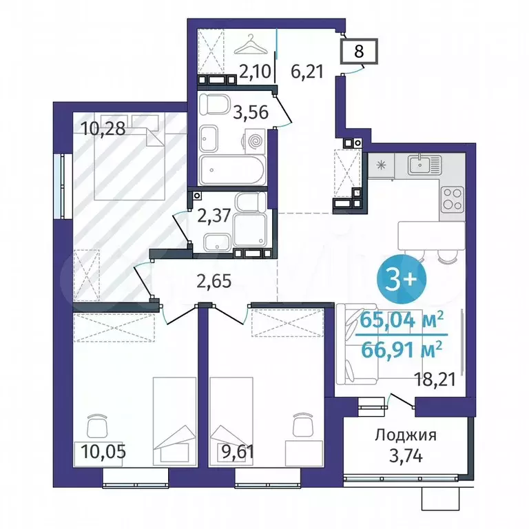 3-к. квартира, 65 м, 8/14 эт. - Фото 1