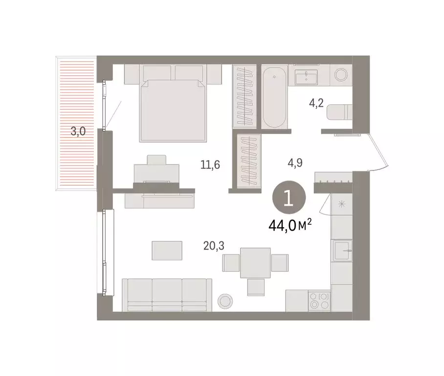 1-комнатная квартира: Пермь, улица Солдатова (44.02 м) - Фото 2