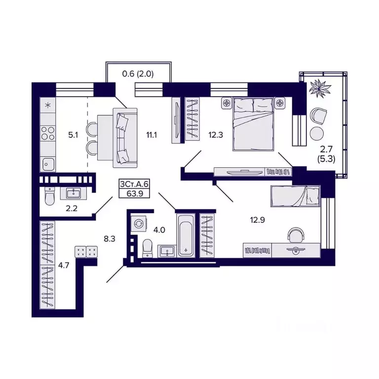 3-к кв. Новосибирская область, Новосибирск 18-й Бронный пер., 16 (63.9 ... - Фото 2