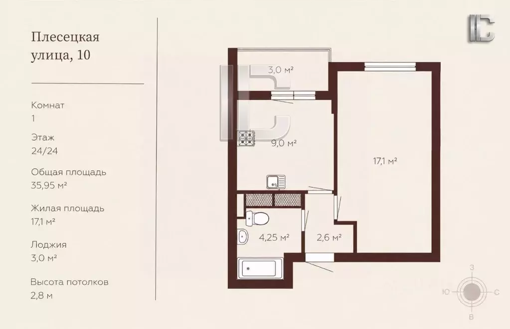 1-к кв. Санкт-Петербург ул. Плесецкая, 10 (35.95 м) - Фото 2