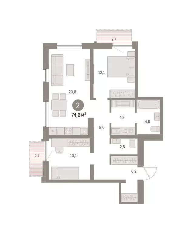 2-комнатная квартира: Екатеринбург, улица Гастелло, 18 (74.63 м) - Фото 2