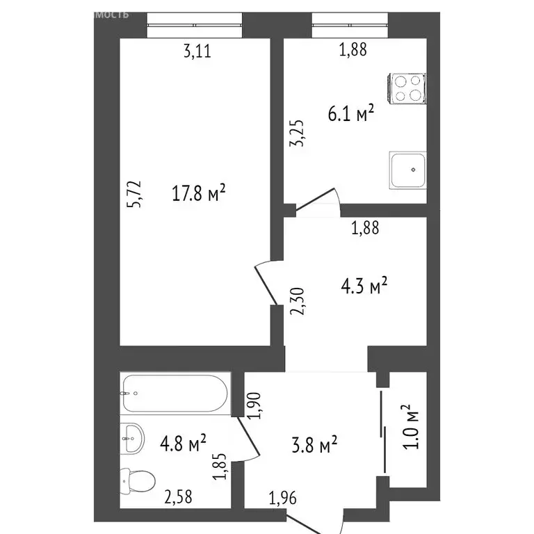 1-комнатная квартира: Ишим, Комсомольская улица, 26 (38 м) - Фото 1