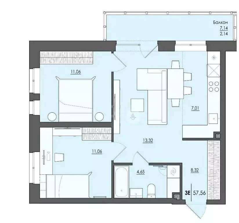 3-комнатная квартира: Пермь, улица Сергея Есенина, 9Ак2 (55.3 м) - Фото 1