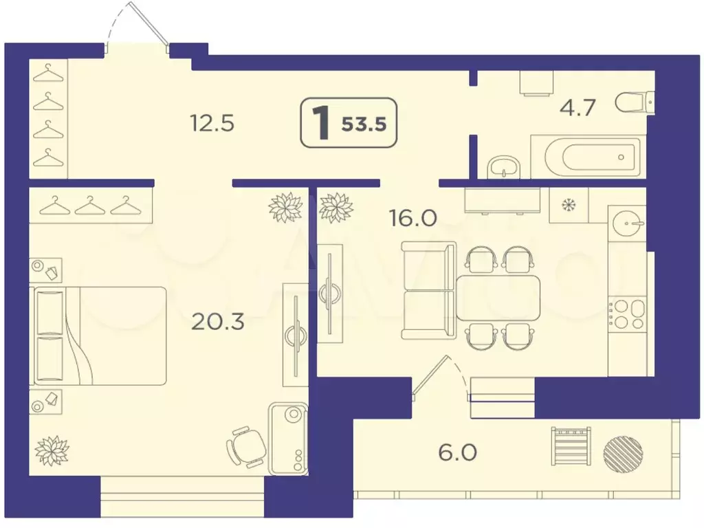 1-к. квартира, 53,5 м, 13/14 эт. - Фото 1