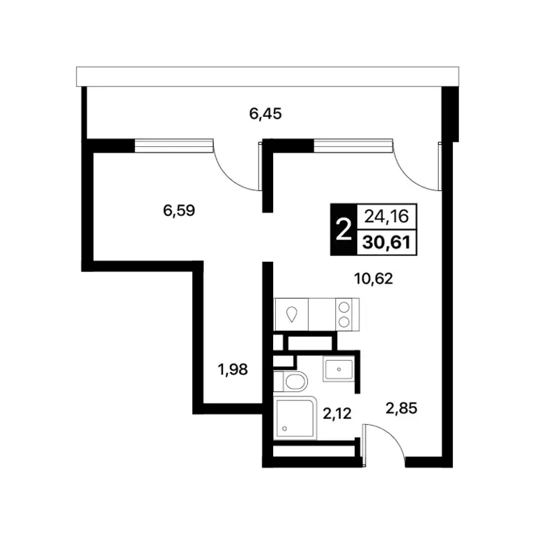 2-к квартира, 30.61 м - Фото 0