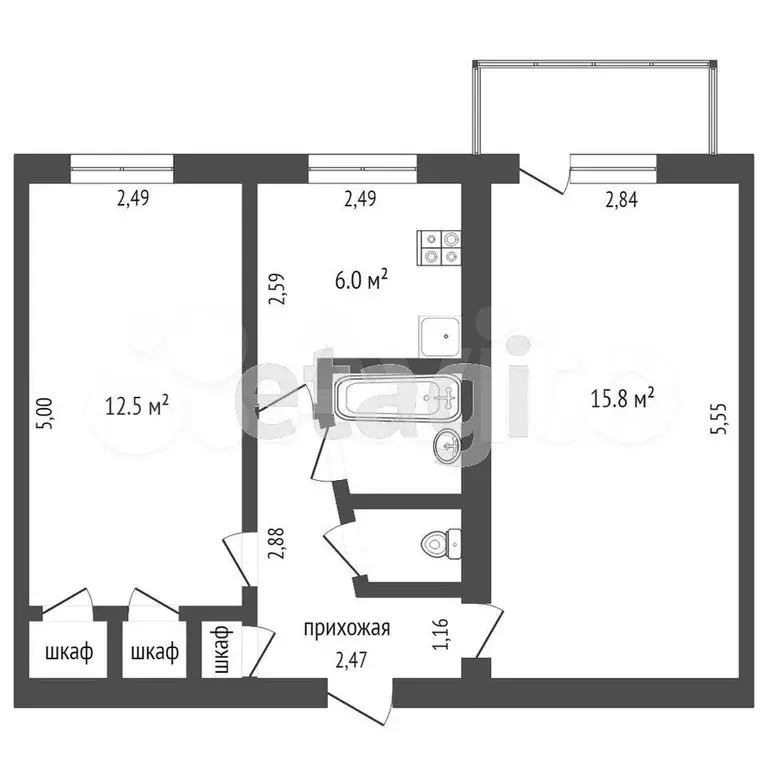 2-к. квартира, 43,2 м, 4/5 эт. - Фото 0