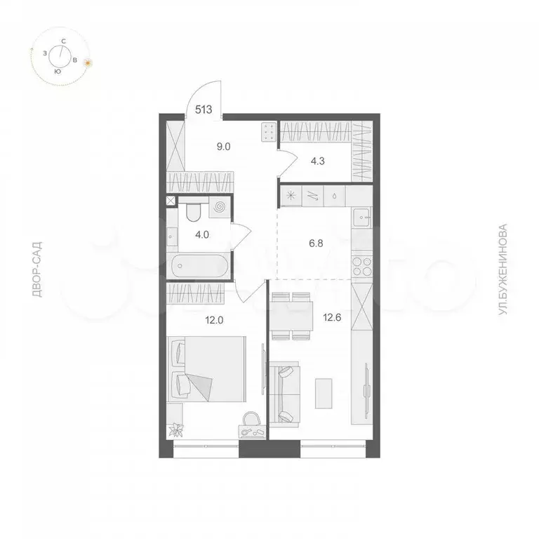1-к. квартира, 48,7 м, 5/12 эт. - Фото 0