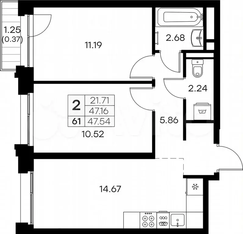2-к. квартира, 47,5 м, 6/16 эт. - Фото 0