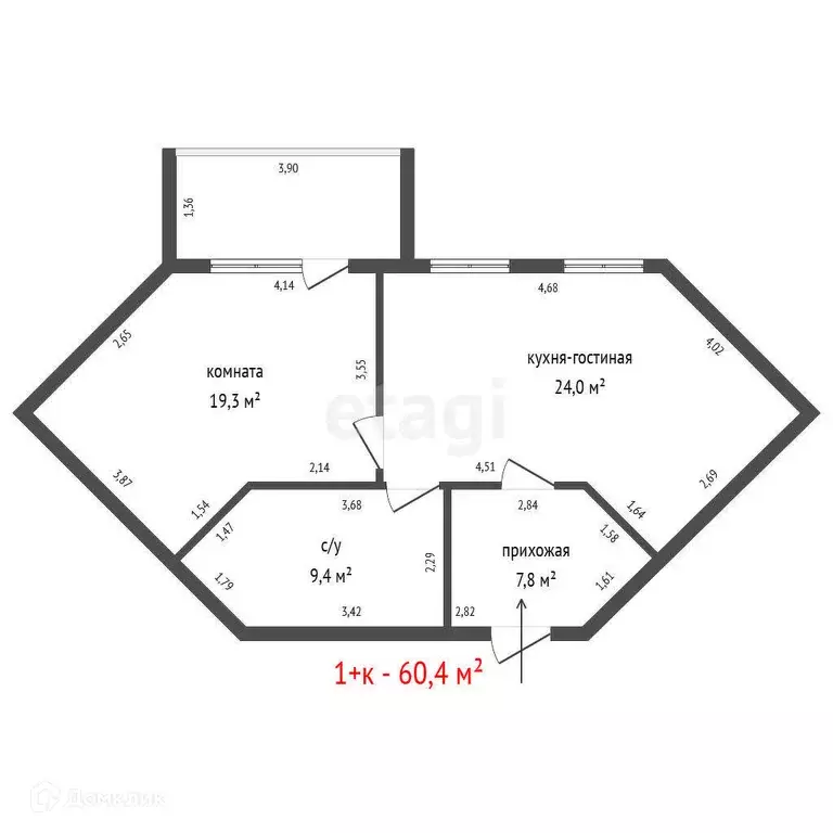 Продаётся 1-к квартира, 60.4 м - Фото 1