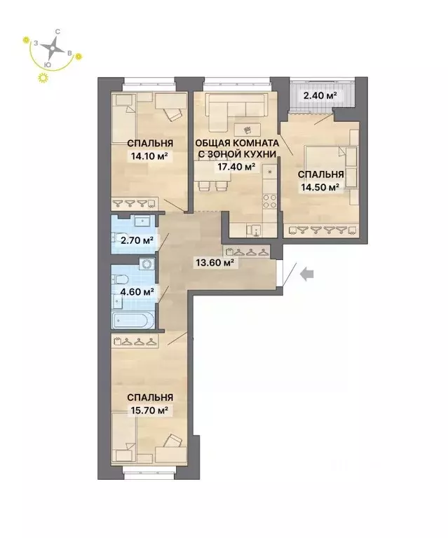 3-к кв. Свердловская область, Екатеринбург ул. Щербакова, 148/2 (85.0 ... - Фото 1