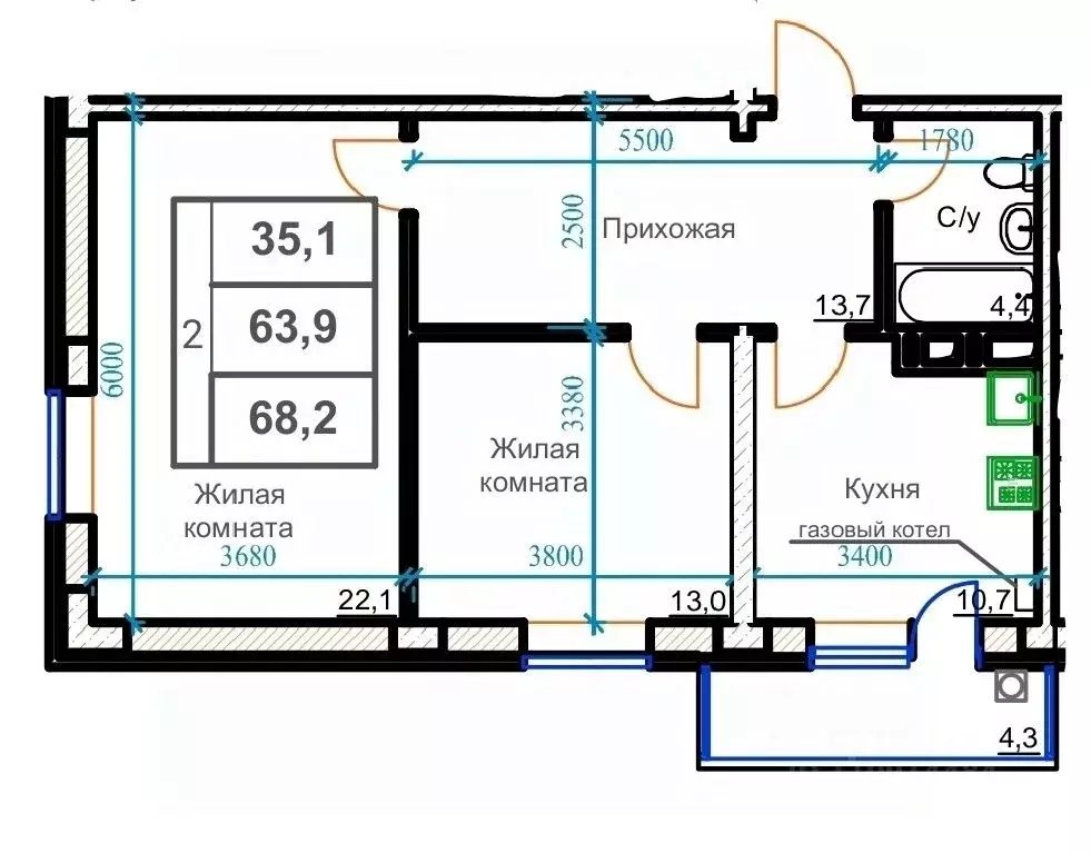 2-к кв. Ставропольский край, Ессентуки ул. Маяковского, 19А (66.8 м) - Фото 0