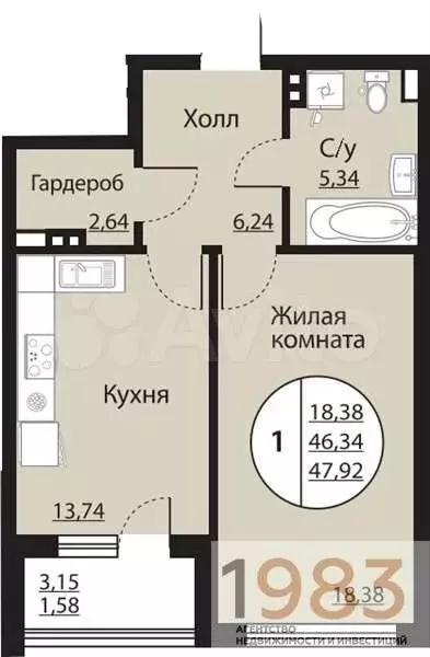 1-к. квартира, 47,9 м, 3/24 эт. - Фото 0