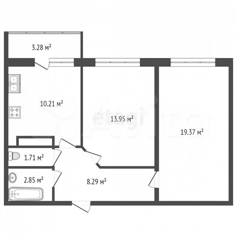 2-к. квартира, 56,8 м, 6/8 эт. - Фото 1