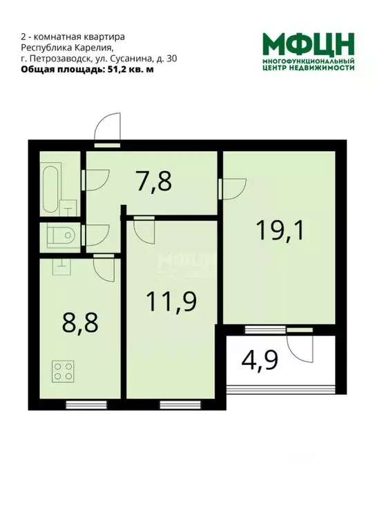 2-к кв. Карелия, Петрозаводск ул. Сусанина, 30 (51.2 м) - Фото 2