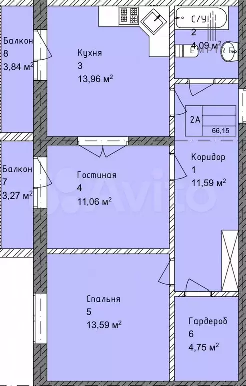 2-к. квартира, 65,6 м, 18/19 эт. - Фото 0