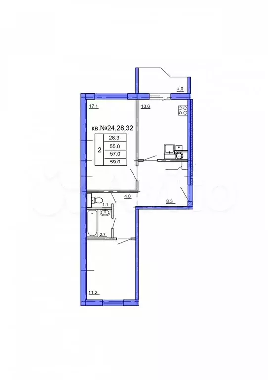 2-к. квартира, 59 м, 3/4 эт. - Фото 0