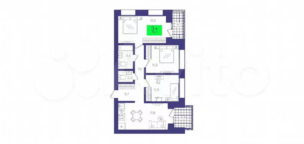 3-к. квартира, 75,7 м, 2/7 эт. - Фото 1