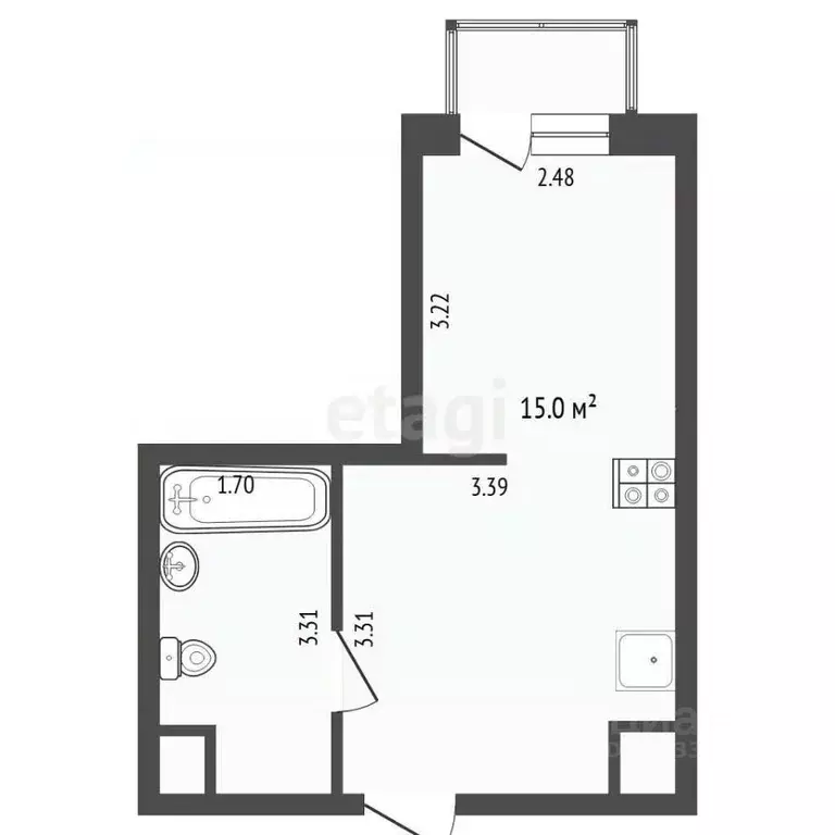 Студия Тюменская область, Тюмень ул. Геннадия Райкова, 19 (23.9 м) - Фото 2
