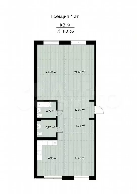 3-к. квартира, 110,4 м, 4/9 эт. - Фото 0