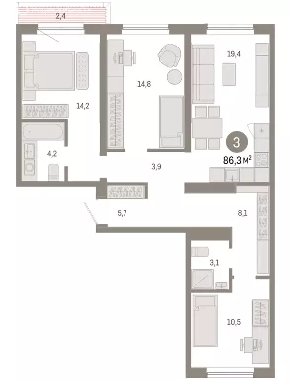 3-комнатная квартира: Новосибирск, Большевистская улица, с49 (86.32 м) - Фото 1