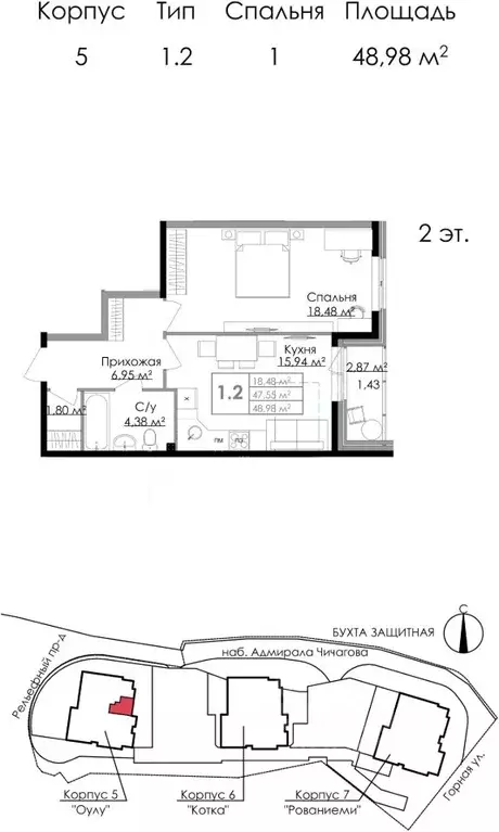 1-к кв. Ленинградская область, Выборг наб. Адмирала Чичагова, 6 (48.7 ... - Фото 1
